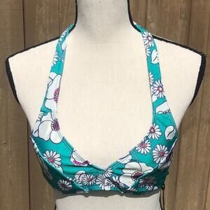 Wildfox Sixties Floral 60s Halter Swim Bikini Top Green Cream Small NWT